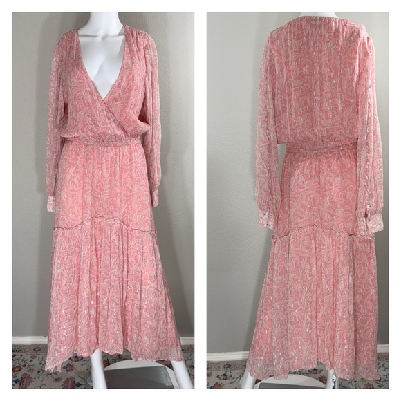 Ramy Brook Dresses & Skirts - Ramy Brook Pink Shimmer Maxi Dress Sz M Plunge Neckline Cottagecore Feminine